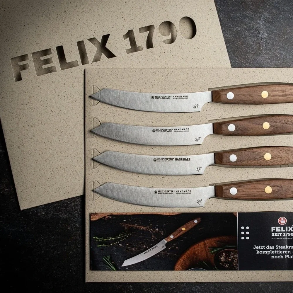 Felix Solingen Miu Steak Knife Set 4pc Walnut Wood Brass Handmade Germany 224604